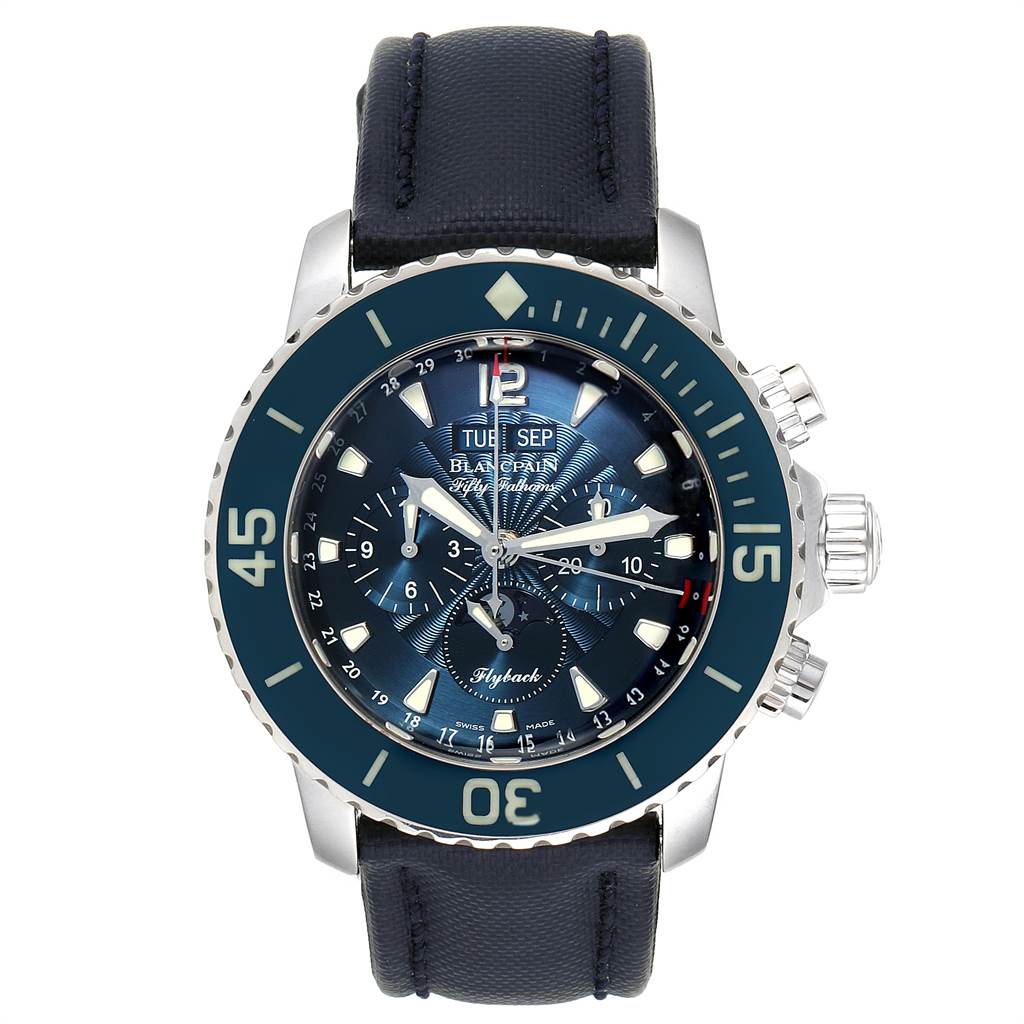 The image shows a frontal view of the Blancpain Fifty Fathoms 5066F-1140-52B Men's Stainless Steel Blue Dial 5066F-1140-52B Men's Stainless Steel Blue Dial watch, highlighting its dial, bezel, and strap.