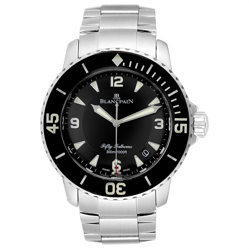 The image shows the front view of a Blancpain Fifty Fathoms 5015-1130-71 Men's Stainless Steel Black Dial 5015-1130-71 Men's Stainless Steel Black Dial watch, highlighting its dial, bezel, and stainless steel bracelet.