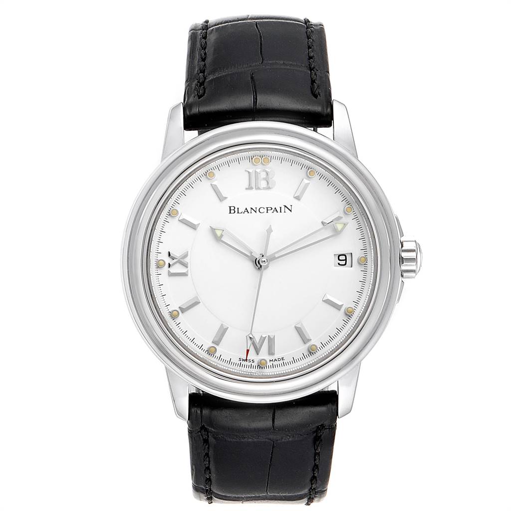 The image shows a front view of the Blancpain 2100-1127-53B Men's Stainless Steel White Dial 2100-1127-53B Men's Stainless Steel White Dial Leman Ultra Slim White Dial Steel Men's Watch 2100 with black leather strap and date display.