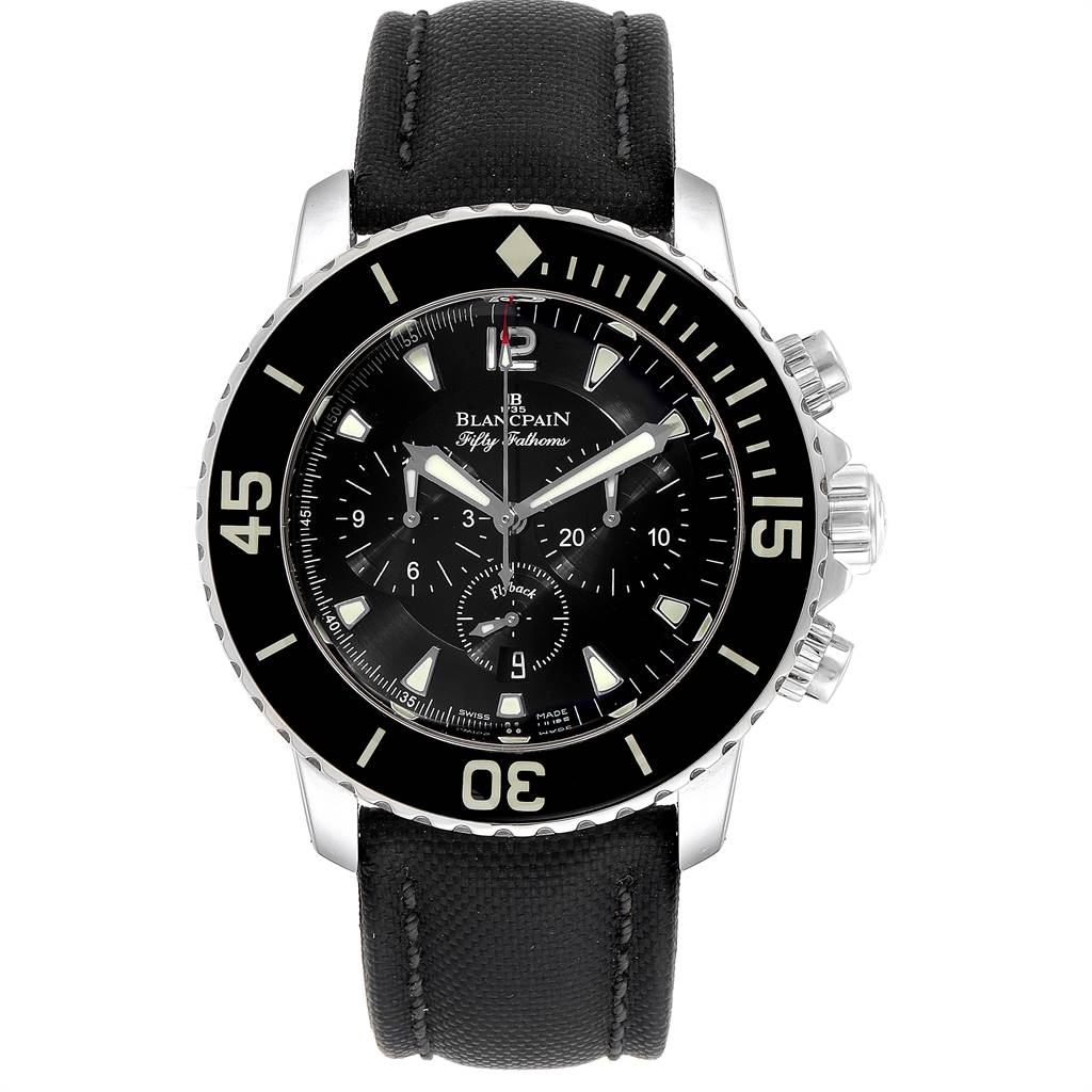 The image shows a front view of the Blancpain Fifty Fathoms 5085F-1130-52 Men's Stainless Steel Black Dial 5085F-1130-52 Men's Stainless Steel Black Dial watch, highlighting the dial, bezel, strap, and crown.