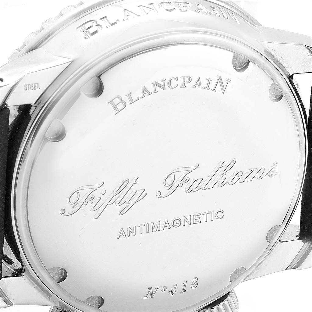 The image shows the back case of a Blancpain Fifty Fathoms 5085F-1130-52 Men's Stainless Steel Black Dial 5085F-1130-52 Men's Stainless Steel Black Dial watch, highlighting the "ANTIMAGNETIC," "N°418," and the brand name inscriptions.