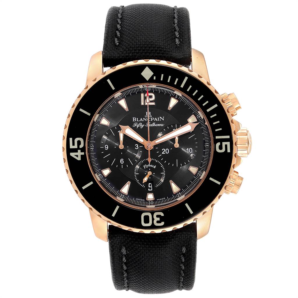 The image shows a frontal view of a Blancpain Fifty Fathoms 5085F-3630-52 Men's Rose Gold Black Dial 5085F-3630-52 Men's Rose Gold Black Dial watch, featuring its dial, bezel, crown, pushers, and strap.