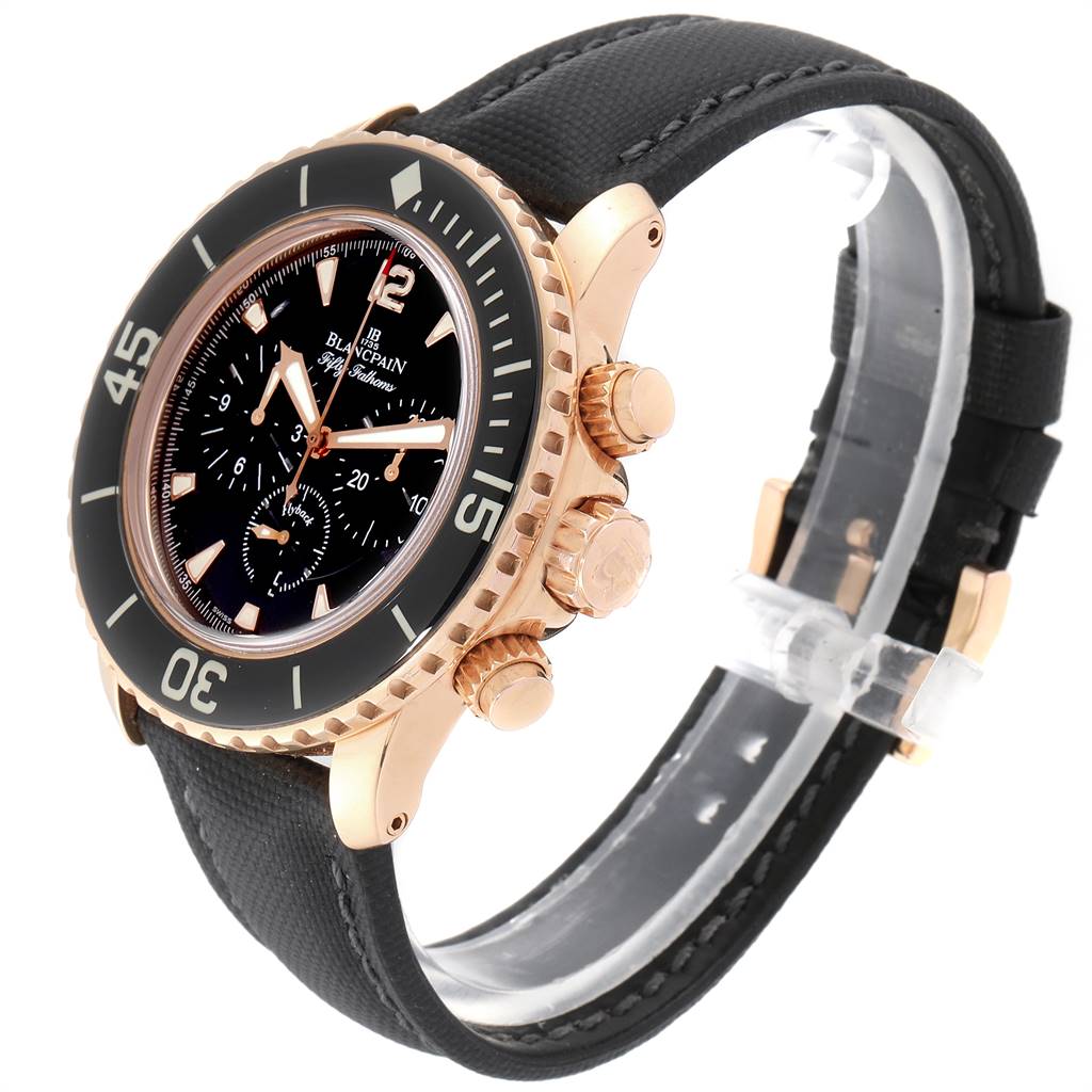The image shows a Blancpain Fifty Fathoms 5085F-3630-52 Men's Rose Gold Black Dial 5085F-3630-52 Men's Rose Gold Black Dial watch angled from the front-left, highlighting its bezel, dial, case, and strap.