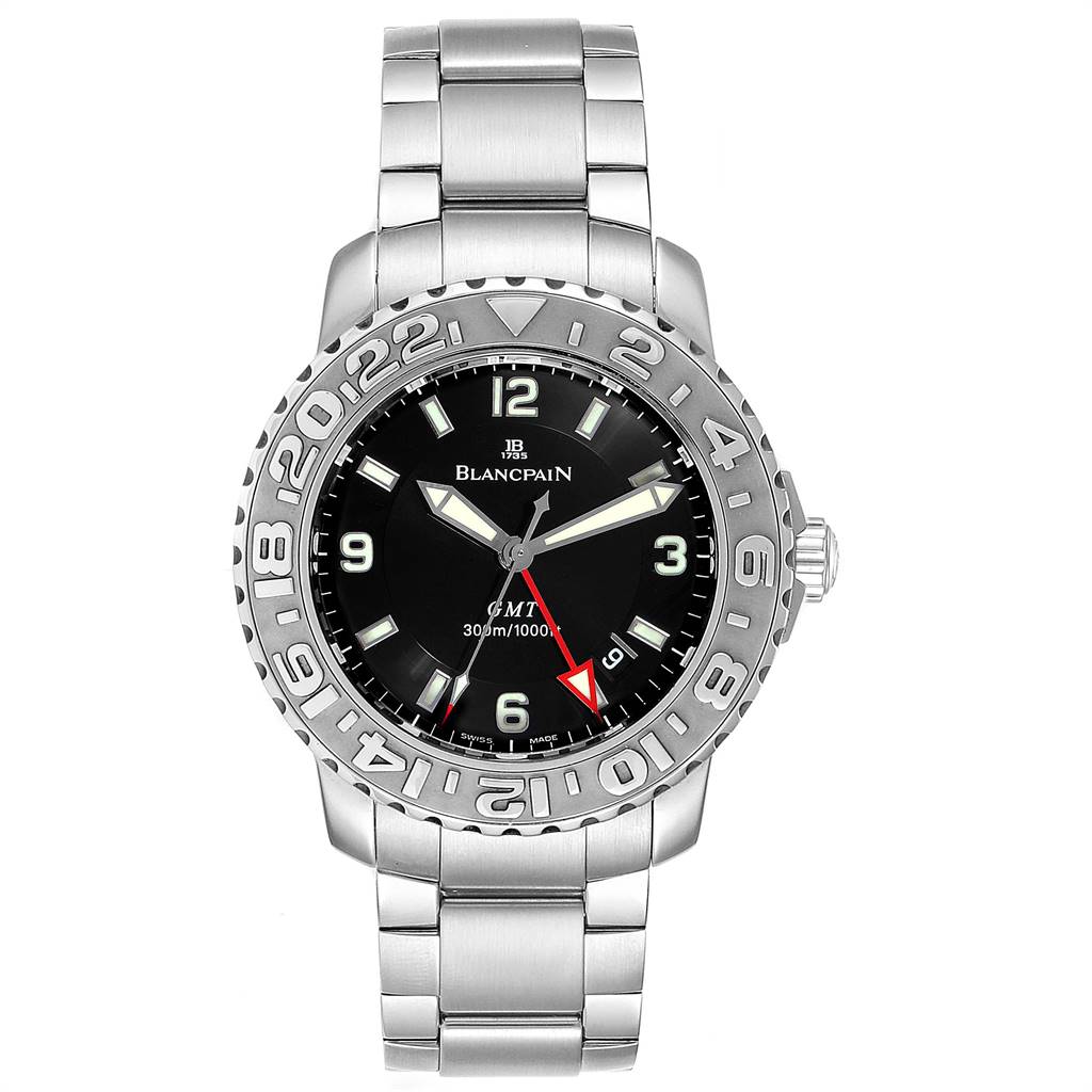 The image shows a front view of the Blancpain Fifty Fathoms 2250-1130-71 Men's Stainless Steel Black Dial 2250-1130-71 Men's Stainless Steel Black Dial GMT watch with a black dial and metal bracelet.