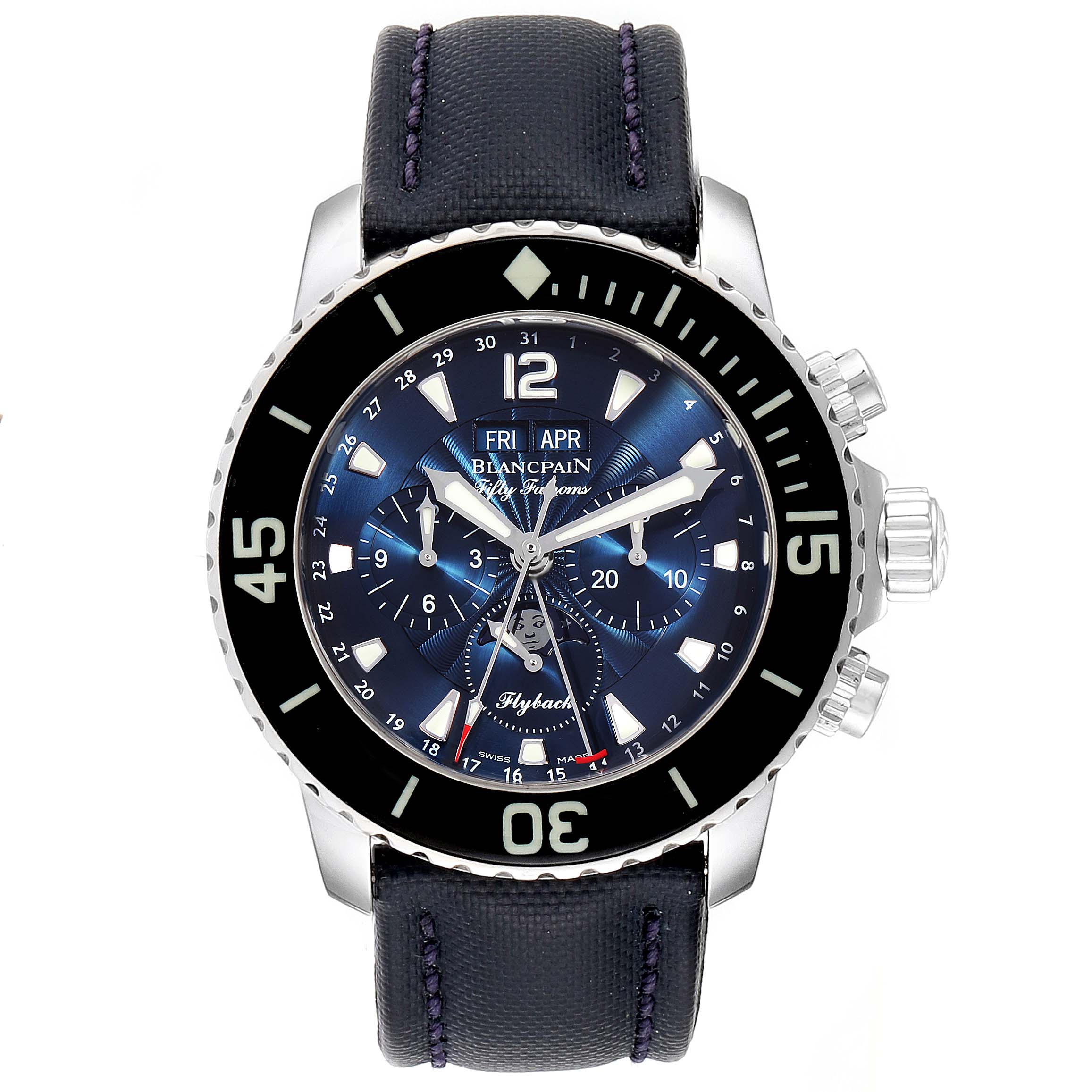 This image shows a Blancpain Fifty Fathoms 5066F-1140-52B Men
s Stainless Steel Blue Dial 5066F-1140-52B Men
s Stainless Steel Blue Dial watch from a front angle, displaying its dial, bezel, and strap.