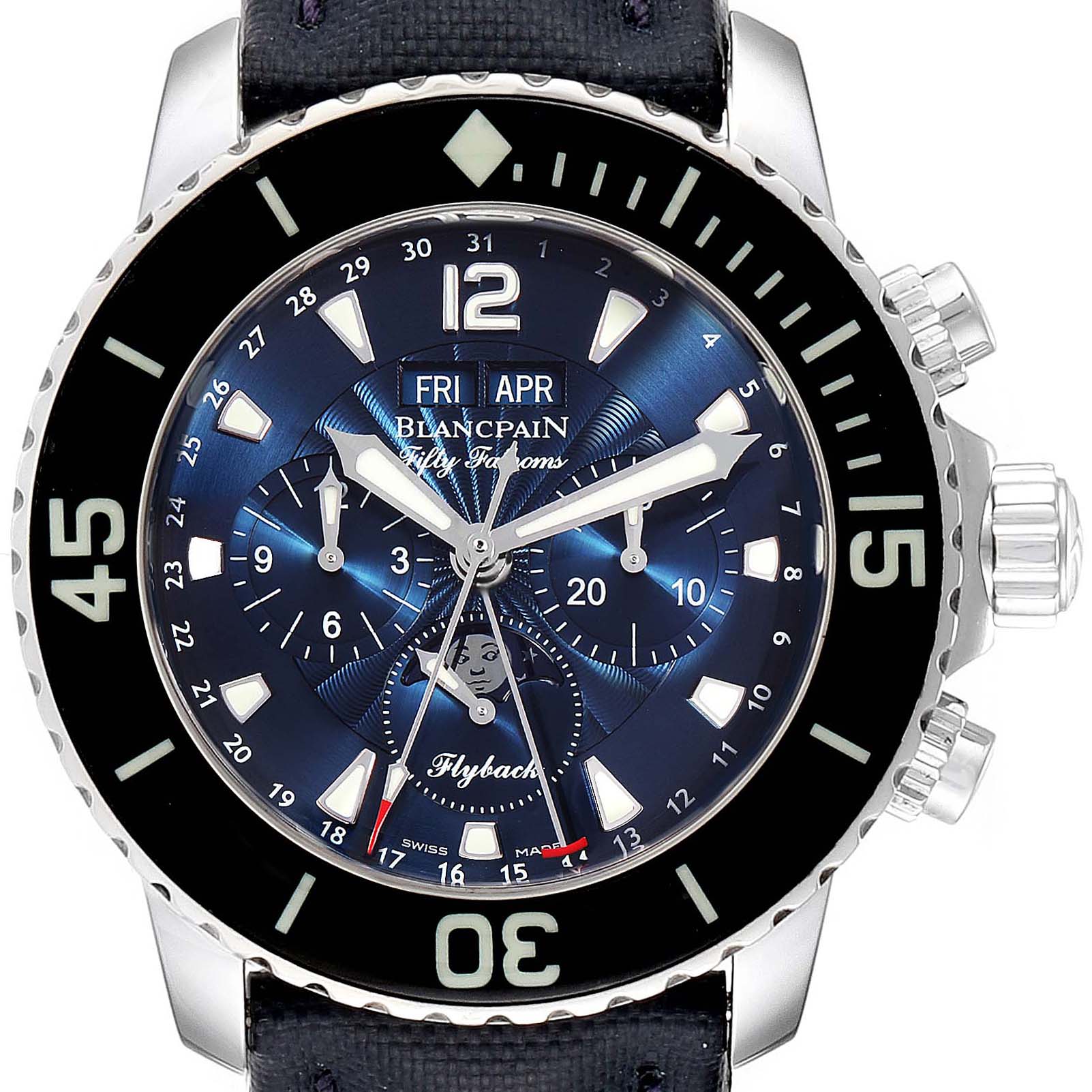 The image shows a Blancpain Fifty Fathoms 5066F-1140-52B Men
s Stainless Steel Blue Dial 5066F-1140-52B Men
s Stainless Steel Blue Dial watch from a front angle, displaying the dial, bezel, and part of the strap.
