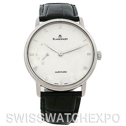 This image shows a front view of the Blancpain Villeret 4040-1542-55 Men's White Gold Silver Dial 4040-1542-55 Men's White Gold Silver Dial watch, highlighting its dial, hands, Roman numerals, and black leather strap.