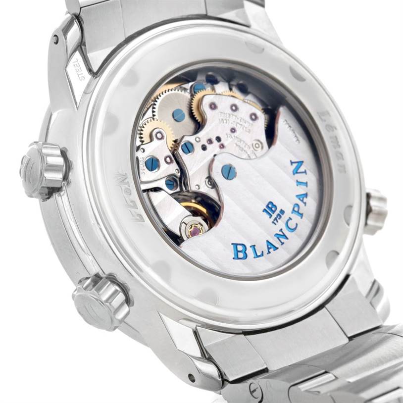 The image shows the back view of the Blancpain 2041-1130M-71 Men's Stainless Steel Black Dial 2041-1130M-71 Men's Stainless Steel Black Dial Leman GMT Alarm Men's Stainless Steel Watch 2041-1130M-71, highlighting the mechanical movement.