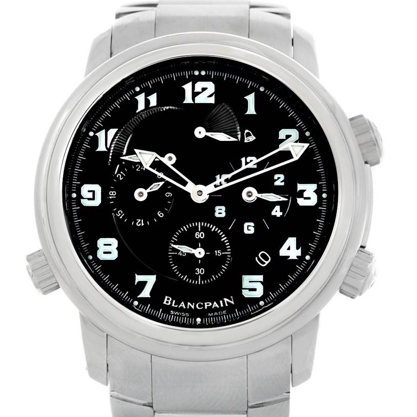 The image shows a front view of the Blancpain 2041-1130M-71 Men's Stainless Steel Black Dial 2041-1130M-71 Men's Stainless Steel Black Dial Leman GMT Alarm Men's Stainless Steel Watch 2041-1130M-71, showcasing its dial and bracelet.