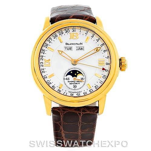 This image shows the front view of the Blancpain 2763-1418A-53 Men's Yellow Gold White Dial 2763-1418A-53 Men's Yellow Gold White Dial 18K Yellow Gold Complete Calendar Watch 2763-1418A-53, highlighting the face and strap.