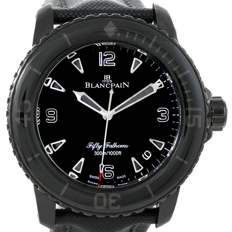 The image shows a frontal view of the Blancpain Fifty Fathoms 5015-11C30-52 Men's Stainless Steel Black Dial 5015-11C30-52 Men's Stainless Steel Black Dial watch, highlighting its dial and bezel.