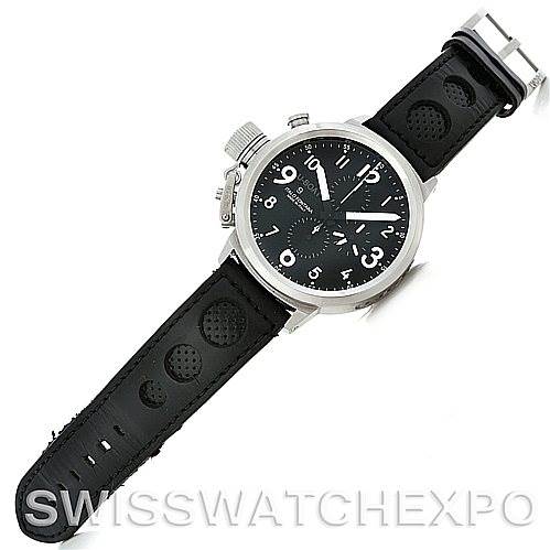 The image shows a frontal view of the U-Boat 7750 50 Men's Stainless Steel Black Dial 7750 50 Men's Stainless Steel Black Dial Flightdeck Steel Automatic Men's Watch 7750 50 model, highlighting the dial and black leather strap.