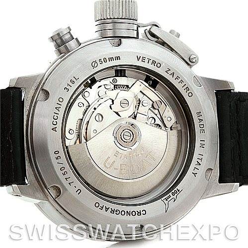 This image shows the back of the U-Boat 7750 50 Men's Stainless Steel Black Dial 7750 50 Men's Stainless Steel Black Dial Flightdeck Steel Automatic Mens Watch 7750 50, revealing its internal mechanical movement and engravings.