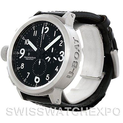 The image shows a U-Boat 7750 50 Men's Stainless Steel Black Dial 7750 50 Men's Stainless Steel Black Dial Flightdeck Steel Automatic Mens Watch 7750 50 at a side angle, focusing on the dial, straps, and lugs.