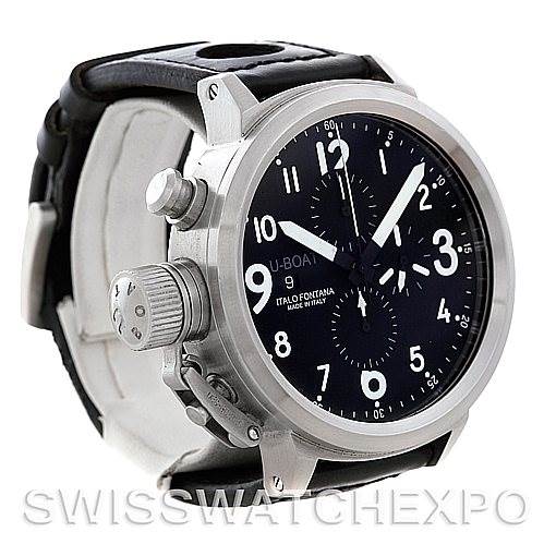 The image shows a side and front angle of the U-Boat 7750 50 Men's Stainless Steel Black Dial 7750 50 Men's Stainless Steel Black Dial Flightdeck Steel Automatic Mens Watch 7750 50, highlighting its case, dial, and crown.