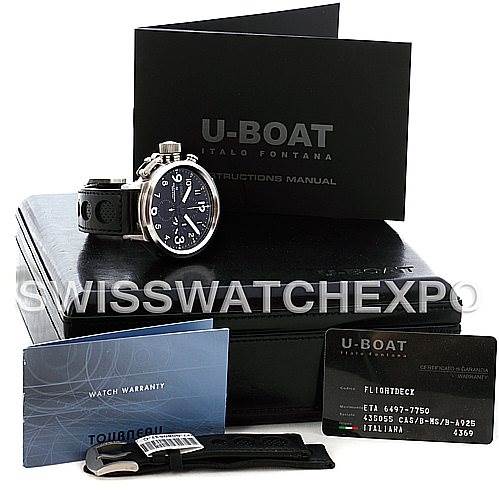 The image shows the U-Boat 7750 50 Men's Stainless Steel Black Dial 7750 50 Men's Stainless Steel Black Dial Flightdeck Steel Automatic Mens Watch 7750 50 model, displayed with its box, manual, warranty card, and strap.