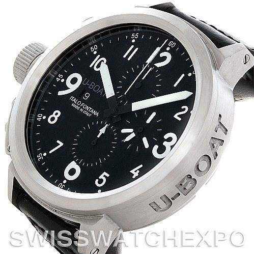 This image shows a three-quarter view of the U-Boat 7750 50 Men's Stainless Steel Black Dial 7750 50 Men's Stainless Steel Black Dial Flightdeck Steel Automatic Mens Watch 7750 50, highlighting its face, case, and crown.