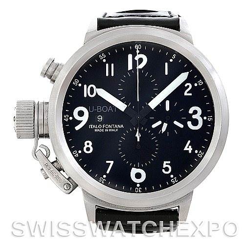 This image shows a front view of the U-Boat 7750 50 Men's Stainless Steel Black Dial 7750 50 Men's Stainless Steel Black Dial Flightdeck Steel Automatic Men's Watch 7750 50, highlighting the dial and crown protector.