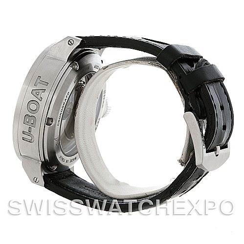 The image shows the back and side view of the U-Boat 7750 50 Men's Stainless Steel Black Dial 7750 50 Men's Stainless Steel Black Dial Flightdeck Steel Automatic Men's Watch 7750 50, highlighting the case and strap.