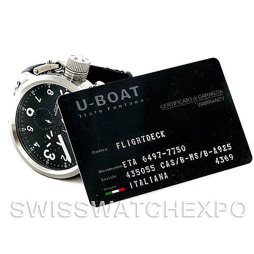 The image shows the U-Boat 7750 50 Men's Stainless Steel Black Dial 7750 50 Men's Stainless Steel Black Dial Flightdeck Steel Automatic Men's Watch 7750 50 model at a slight side angle, along with a warranty card.