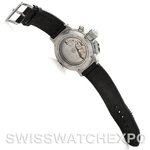 The image shows the back view of the U-Boat 7750 50 Men's Stainless Steel Black Dial 7750 50 Men's Stainless Steel Black Dial Flightdeck Steel Automatic Men's Watch 7750 50, highlighting the movement and strap.