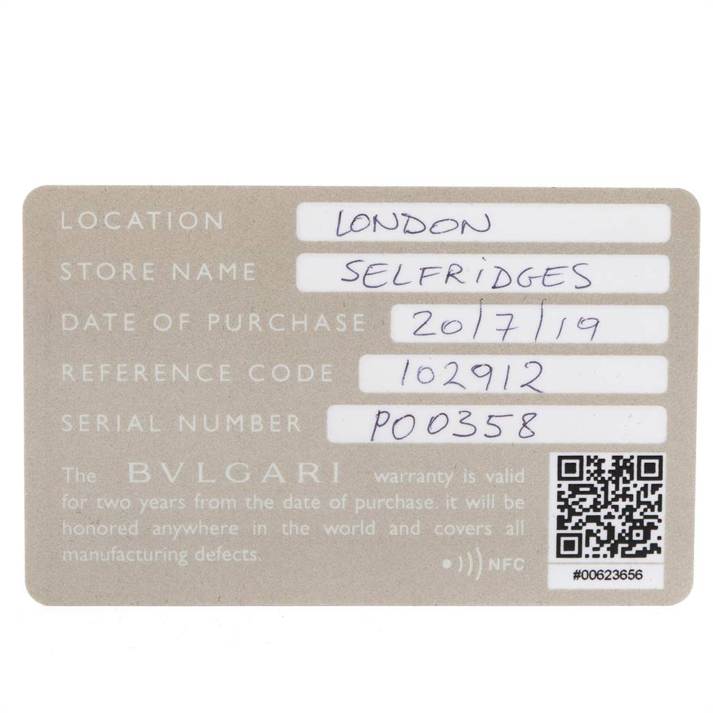 The image shows a Bvlgari warranty card for the Octo model, including details like location, store name, date of purchase, reference code, and serial number.