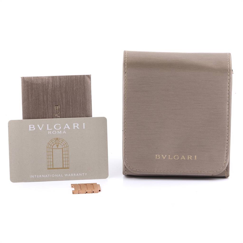The image shows the packaging, warranty card, and an extra link for the Bvlgari Octo 102912 Men
s Rose Gold Pink Dial 102912 Men
s Rose Gold Pink Dial model watch.