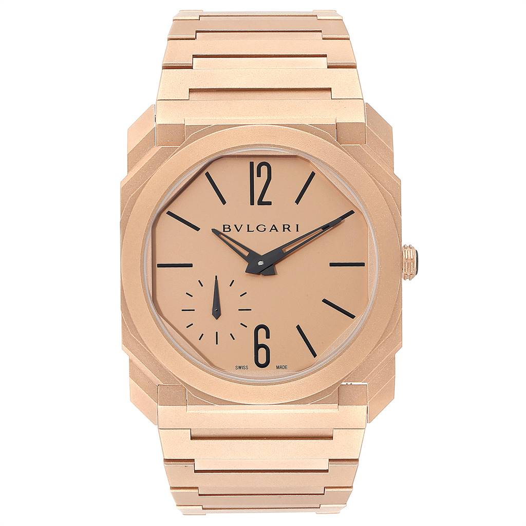 This image shows a front view of a Bvlgari Octo 102912 Men
s Rose Gold Pink Dial 102912 Men
s Rose Gold Pink Dial model watch displaying the face, hands, case, and part of the bracelet.
