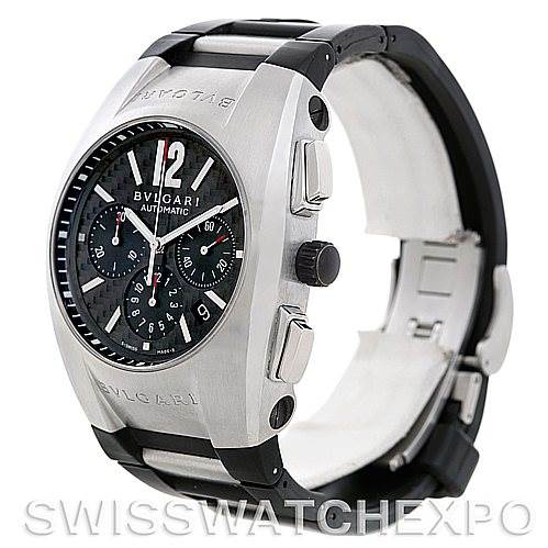 The image shows a side angle of the Bvlgari EG40SCH Men's Stainless Steel Black Dial EG40SCH Men's Stainless Steel Black Dial Ergon Mens Automatic Stainless Steel Chronograph Watch EG 40 SCH, highlighting the dial, pushers, and strap.