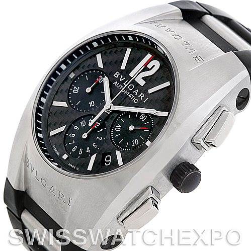 The image shows an angled view of the Bvlgari EG40SCH Men's Stainless Steel Black Dial EG40SCH Men's Stainless Steel Black Dial Ergon Mens Automatic Stainless Steel Chronograph Watch EG 40 SCH, highlighting the dial, crown, and pushers.