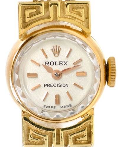 The image shows a close-up front view of the dial, crown, and part of the bracelet of a Rolex Cocktail 2113 Women's Yellow Gold Silver Dial 2113 Women's Yellow Gold Silver Dial model watch.