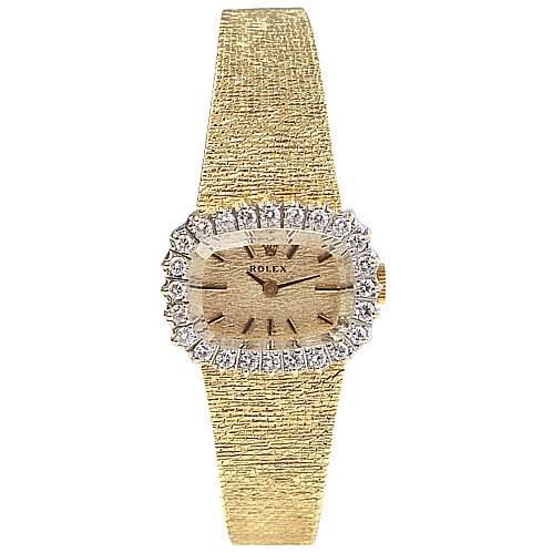 The image shows a front view of a Rolex Cocktail 8365 Women's Yellow Gold Champagne Dial 8365 Women's Yellow Gold Champagne Dial model watch, featuring a gold band and a diamond-encrusted bezel.