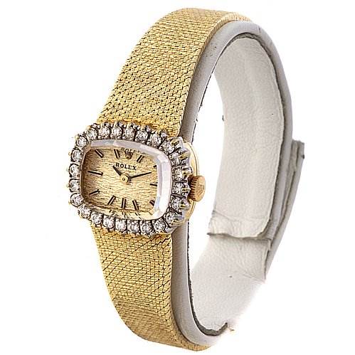 The image shows a Rolex Cocktail 8365 Women's Yellow Gold Champagne Dial 8365 Women's Yellow Gold Champagne Dial model watch from a front angle, highlighting its gold bracelet, diamond bezel, and dial.