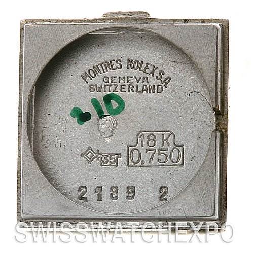 The image shows the inside case back of a Rolex Cocktail 2189 Women's White Gold Silver Dial 2189 Women's White Gold Silver Dial model watch, highlighting various engraved markings and specifications.