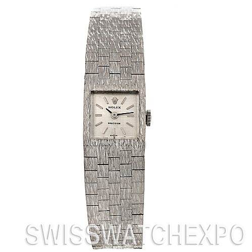 The image shows a front view of the Rolex Cocktail 2189 Women's White Gold Silver Dial 2189 Women's White Gold Silver Dial model watch, displaying its dial, crown, and textured bracelet.