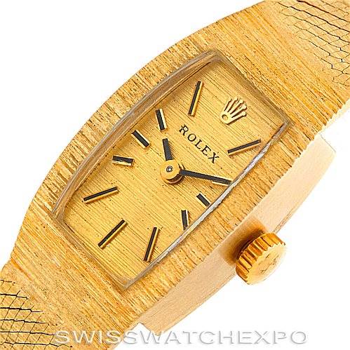 The image shows a close-up view of the Rolex Cocktail 8422 Women's Yellow Gold Champagne Dial 8422 Women's Yellow Gold Champagne Dial model watch, focusing on the dial and crown from an angled perspective.