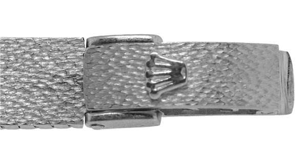 This image shows a close-up of the clasp and band of the Rolex Cocktail 8032 Women's White Gold Silver Dial 8032 Women's White Gold Silver Dial watch.