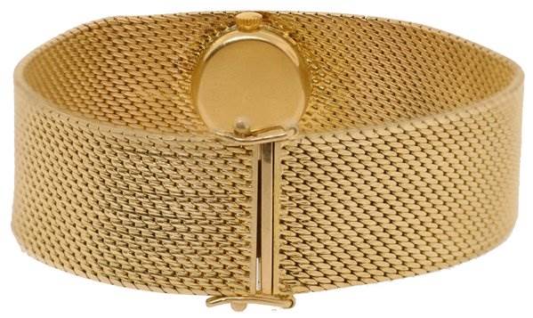 The image shows the back of a Rolex Cocktail 2604 Women's Yellow Gold Silver Dial 2604 Women's Yellow Gold Silver Dial model watch, featuring its gold mesh bracelet and clasp.