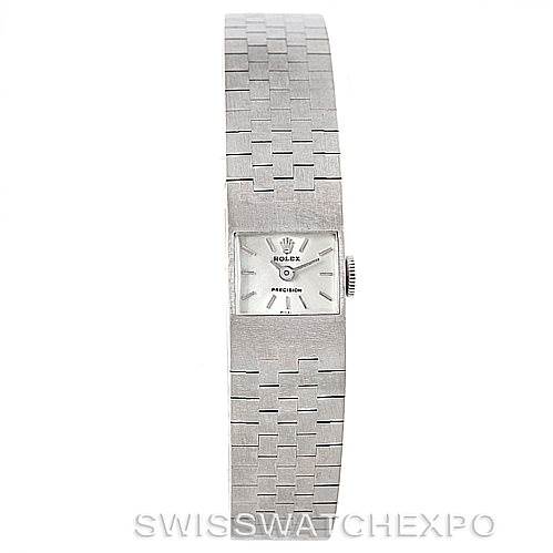The image shows a frontal view of a Rolex Cocktail 2159 Women's White Gold Silver Dial 2159 Women's White Gold Silver Dial model watch, displaying its rectangular face and integrated bracelet.