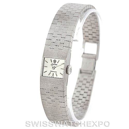 This image shows a side and angled view of the Rolex Cocktail 2159 Women's White Gold Silver Dial 2159 Women's White Gold Silver Dial model watch, highlighting its bracelet and dial.