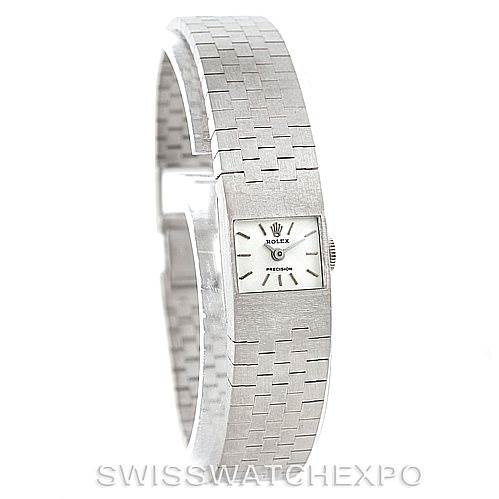 The image shows a Rolex Cocktail 2159 Women's White Gold Silver Dial 2159 Women's White Gold Silver Dial model watch from a front-side angle, highlighting its rectangular face and textured bracelet.