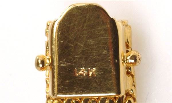 The image shows the back of a Rolex Cocktail 231 Women's Yellow Gold Silver Dial 231 Women's Yellow Gold Silver Dial model watch, highlighting the clasp with a "14K" mark.