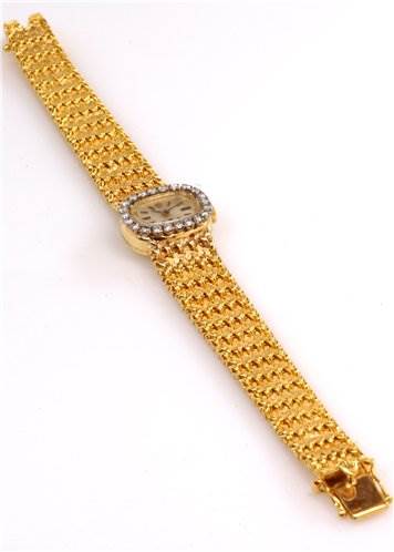 The image shows a top-down view of a Rolex Cocktail 231 Women's Yellow Gold Silver Dial 231 Women's Yellow Gold Silver Dial model watch, highlighting its gold bracelet and diamond-encrusted bezel.