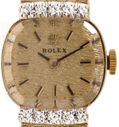 The image shows a front-facing view of a Rolex Cocktail 8370 Women's Yellow Gold Champagne Dial 8370 Women's Yellow Gold Champagne Dial model watch, focusing on its dial, hands, crown, and diamond accents.