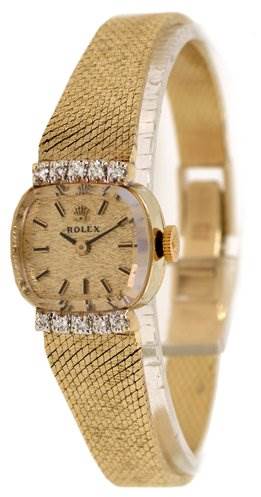 The image shows a side and front angle of the Rolex Cocktail 8370 Women's Yellow Gold Champagne Dial 8370 Women's Yellow Gold Champagne Dial model watch, highlighting its face, strap, and crown.