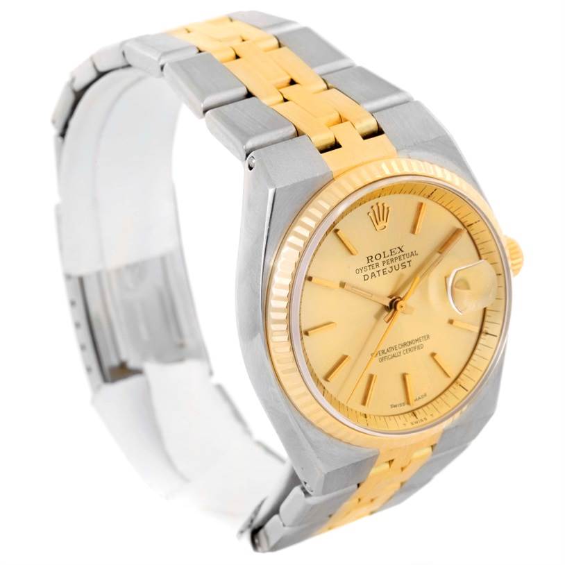 This image shows a Rolex Vintage Collection 1630 Men's Stainless Steel Champagne Dial 1630 Men's Stainless Steel Champagne Dial Datejust watch at a three-quarter view, highlighting its two-tone bracelet and face.