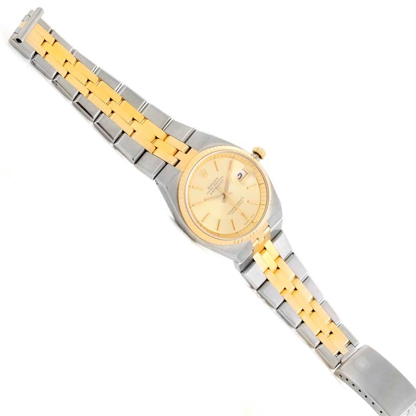 The image shows a Rolex Vintage Collection 1630 Men's Stainless Steel Champagne Dial 1630 Men's Stainless Steel Champagne Dial watch at a top-down angle, highlighting its two-tone bracelet and dial.