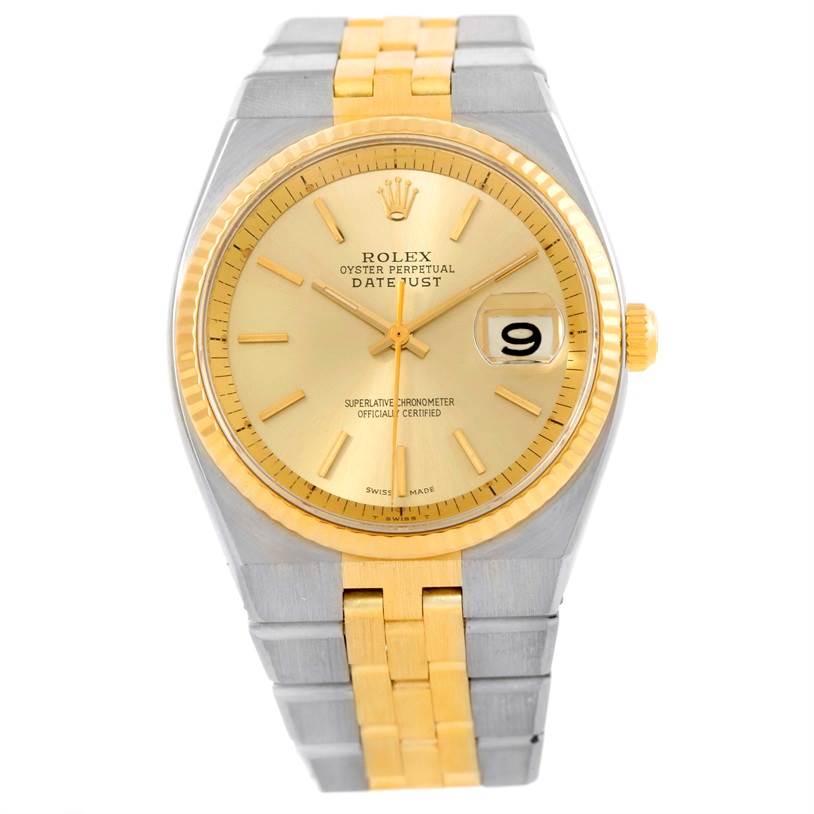 The image shows a front-facing view of a Rolex Vintage Collection 1630 Men's Stainless Steel Champagne Dial 1630 Men's Stainless Steel Champagne Dial Datejust watch, highlighting its dial, bezel, and bracelet.