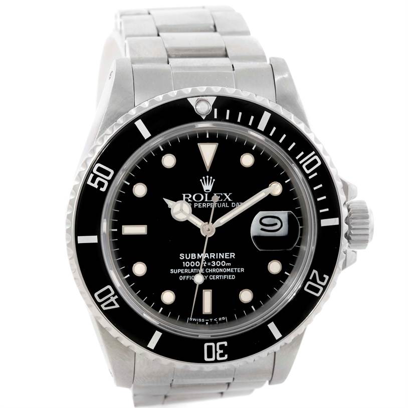 The image shows a frontal view of the Rolex Vintage Collection 168000 Men's Stainless Steel Black Dial 168000 Men's Stainless Steel Black Dial Submariner watch, displaying its face, bezel, hands, and bracelet.