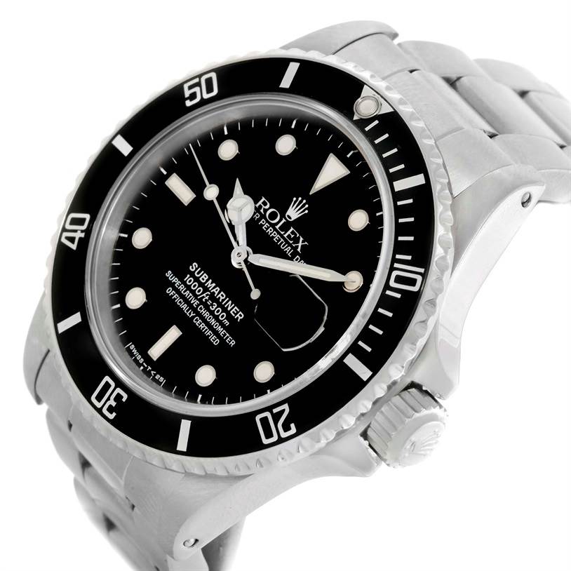 The image shows a Rolex Vintage Collection 168000 Men's Stainless Steel Black Dial 168000 Men's Stainless Steel Black Dial Submariner watch at an angled front view, highlighting the bezel, dial, and part of the bracelet.